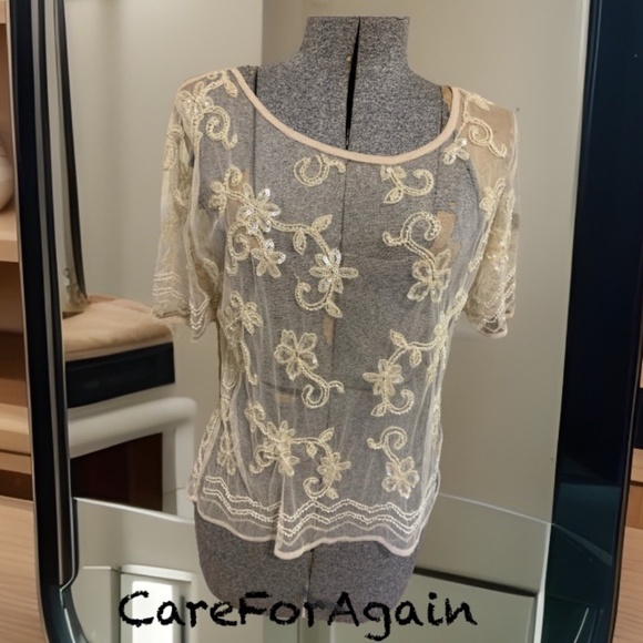 Saks Exclusive Sheer Beaded Ivory Blouse Women’s Size Medium Sequins - Picture 1 of 13